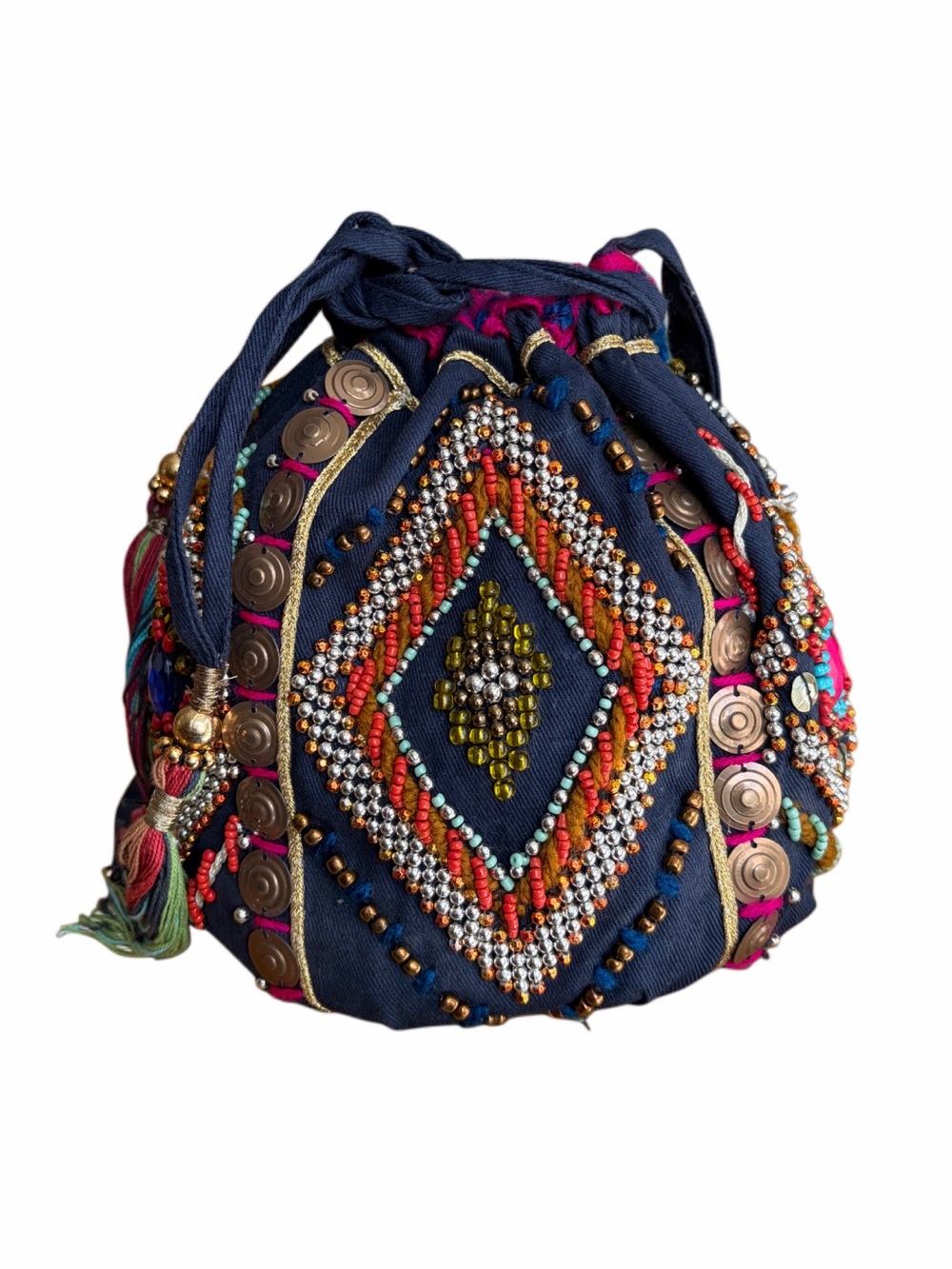 NWOT Forever 21 Small Navy Blue Bohemian Festival Beaded Drawstring Bucket Bag